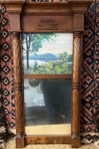 Antique 19th C Federal Mirror/ Looking Glass w/ Eglomese Panel &Original Mirror