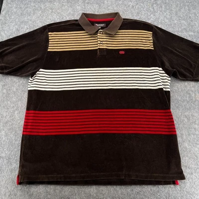 Ecko Unltd Mens Short Sleeve Velour 3XL Brown Gold Stripe Polo Shirt *Stained* - Image 1 of 4