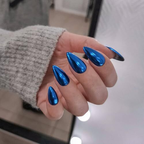 Spiegel Metall Königsblau Chrom Press on Nails Medium Mandel Chrom Royalblau - Bild 1 von 7