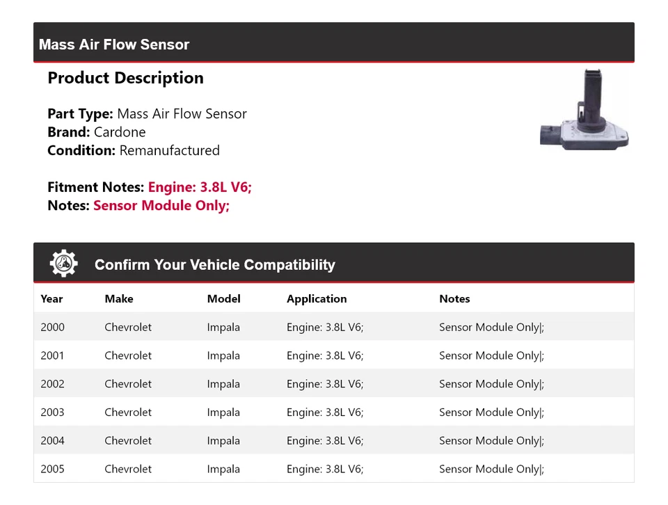 Sensor de flujo de aire másico Cardone 2001 2002 para Chevrolet Impala 2000-2005 3,8 L V6 Foto 2 de 4