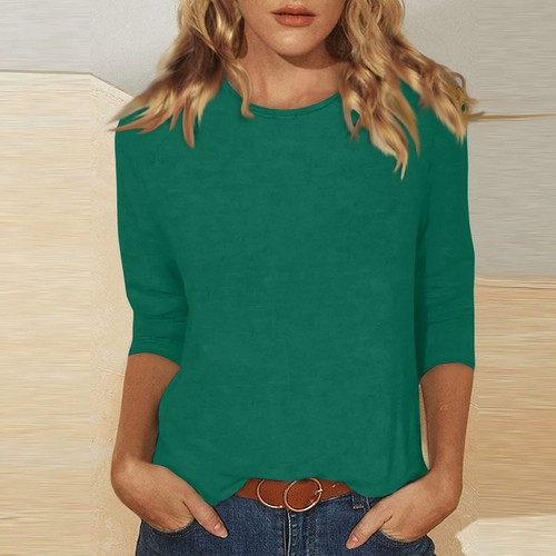 Women's Fashion Casual Three Quarter Sleeve T-Shirt Solid Color O-Neck Tops - Picture 16 of 30