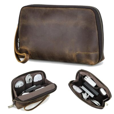 Crazy Horse Leather Travel Electronic Organizer Cables Chargers Accessories Stor