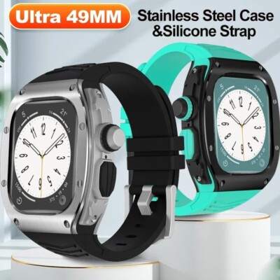 Stainless Steel Case+Rubber Strap Watch Band Mod Kit For Apple