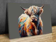 Hairy Scottish cow solid grey background mounted canvas print art ready to hang