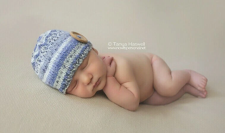 Sombrero de bebé tejido a mano gorro utilería Fair Isle niño nórdico azul gris recién nacido-12M Foto 2 de 4