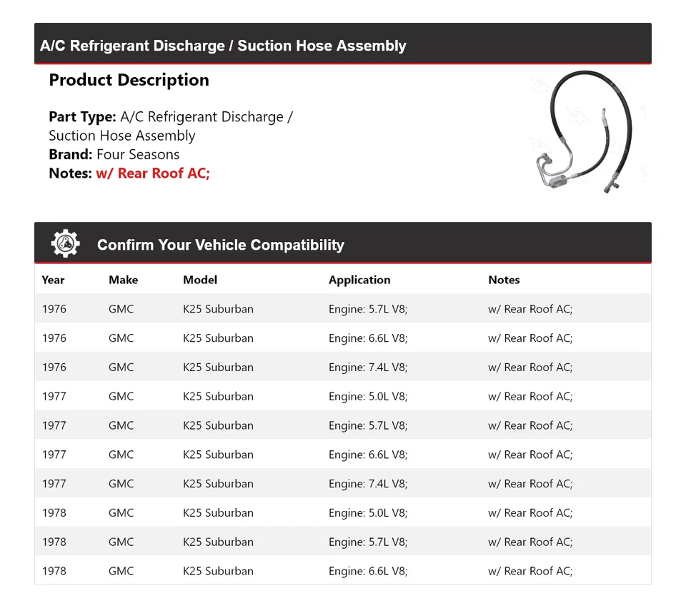 Conjunto de manguera de línea de succión de descarga suburbana GMC K25 1976-78 4 estaciones 19 Foto 2 de 4