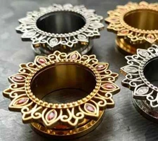 PAIR Tribal Lotus Flower Screw Fit Tunnels Plugs Earlets Gauges Gem Petals