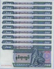 Myanmar 200 KYATS 2004 BURMA P 78 UNC LOT 10 PCS