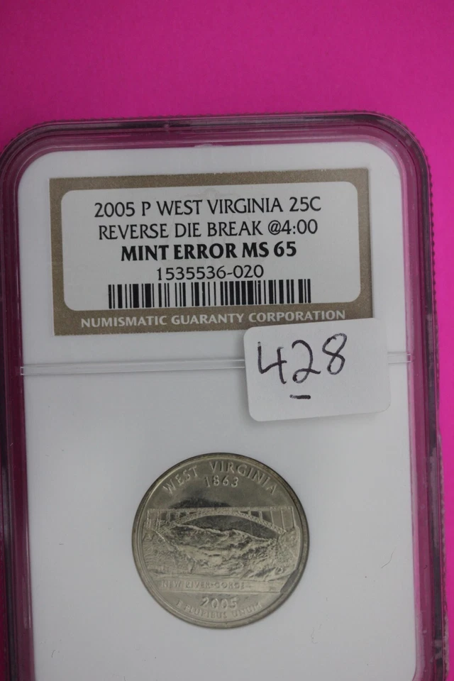 2005 P MS 65 Mint Error Die Break West Virginia Clad State Quarter NGC Slab 428 - Image 3 of 3