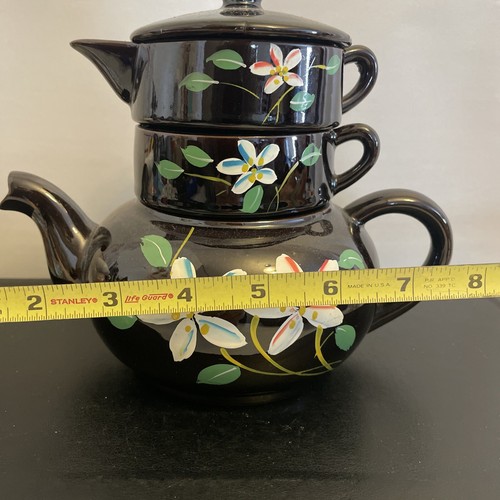 Teapot Vtg Stackable Floral Blue & Cream Brown Pottery Ceramic Made In Japan - Picture 3 of 10