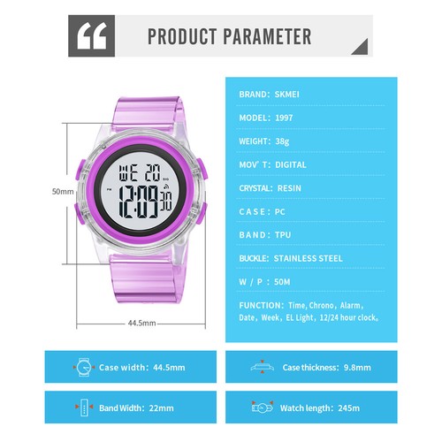 SKMEI Herren LED Uhr Transparent Elektronische Armbanduhr Digital Sportuhren Jungen - Bild 19 von 31