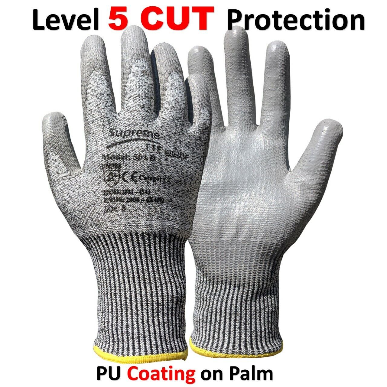 PU ANTI CUT RESISTANT WORK SAFETY GLOVES BUILDERS GRIP PROTECTION LEVEL 5