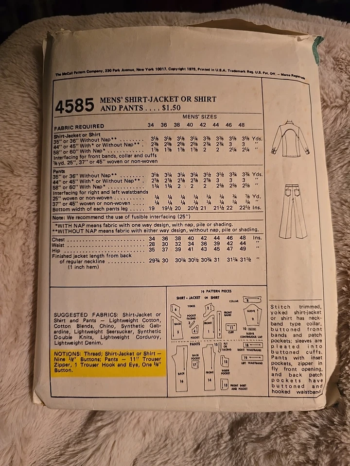 Chaqueta o camisa y pantalones de costura McCalls 4585 de colección años 70 sin cortar para hombre talla 36 Foto 2 de 2