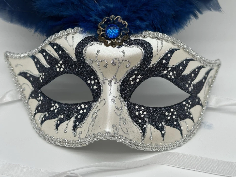 Blue & Silver Venetian Masquerade Mask With Blue Feathers  - Image 2 of 4