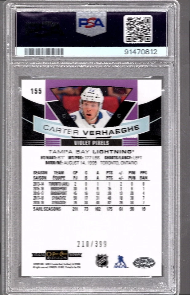 CARTER VERHAEGHE 2019-20 OPC Platinum Violet Pixels ROOKIE #/399 PSA 10 RC - Image 2 of 2