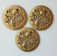 3 Fruit Gold Toned Metal Jar Candle Toppers Top Lid  Grapes Peach Pear Vines