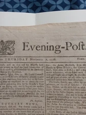 Original 1776 British Newspaper - American Revolutionary War - Colonies