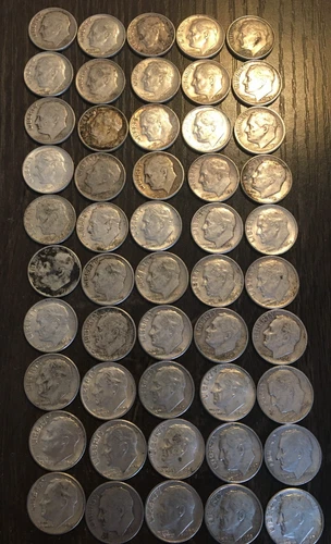 Lot of 50 Roosevelt Silver Dimes, Some are Uncirculated, FREE Shipping F255