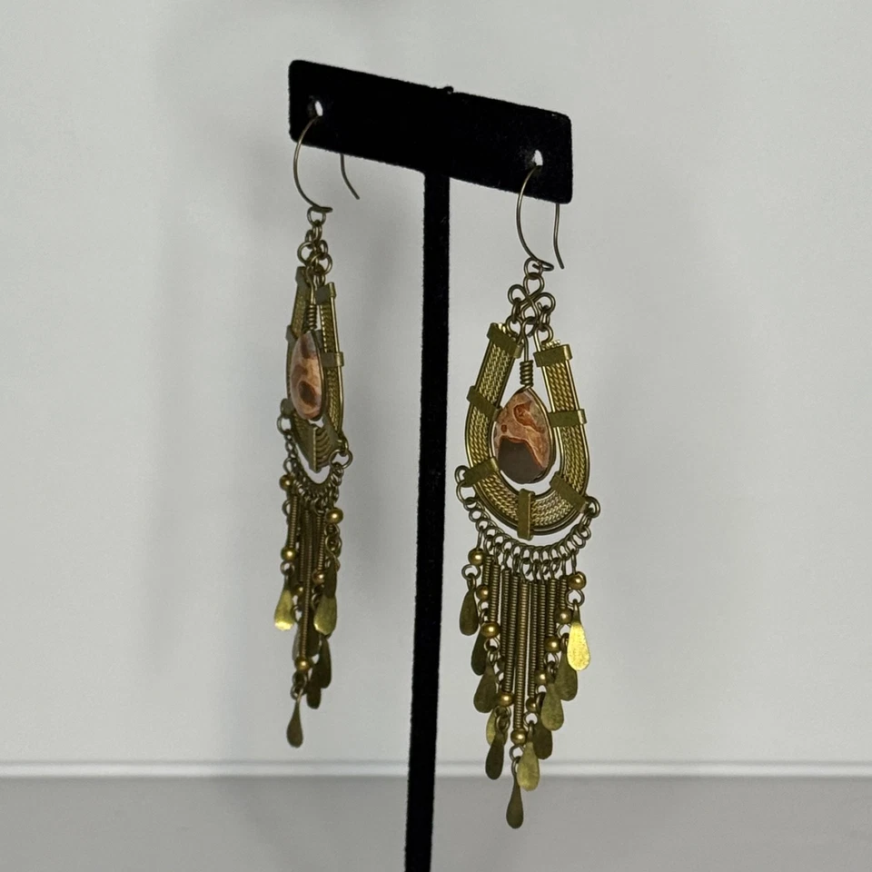 Egyptian Style Brass Earrings Paddle Fringe Leopardite Jasper Dangle Brass Tone - Image 2 of 4