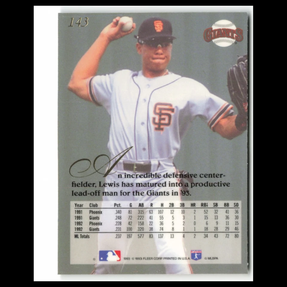 Darren Lewis #143 1993 Flair San Francisco Giants Baseball Card MLB NM - Image 2 of 3
