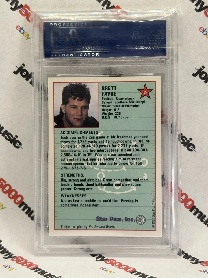 Brett Favre 1991 Star Pics #65 AUTOGRAPH ROOKIE PSA Gem Mint 10 Packers Graded - Image 2 of 2