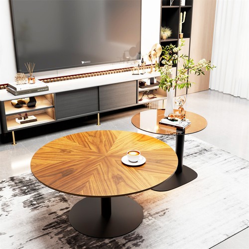 2x Modern Coffee Table Set Round Nesting Table Beech Wood/Sintered Stone + Glass - Picture 10 of 24