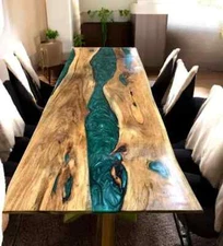 Green Epoxy Resin Live Edge Table, Handmade Wooden Tabletop, Unique Custom Decor
