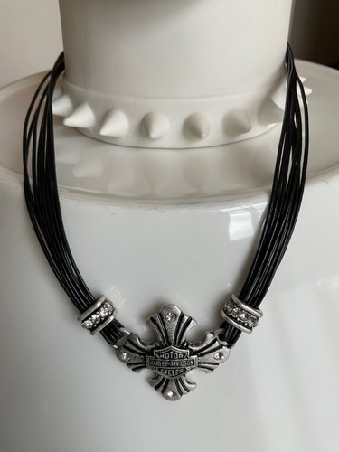 Harley-Davidson Cross necklace,Bar&Shield,leather cording,rhinestones.Old silver - Picture 6 of 12