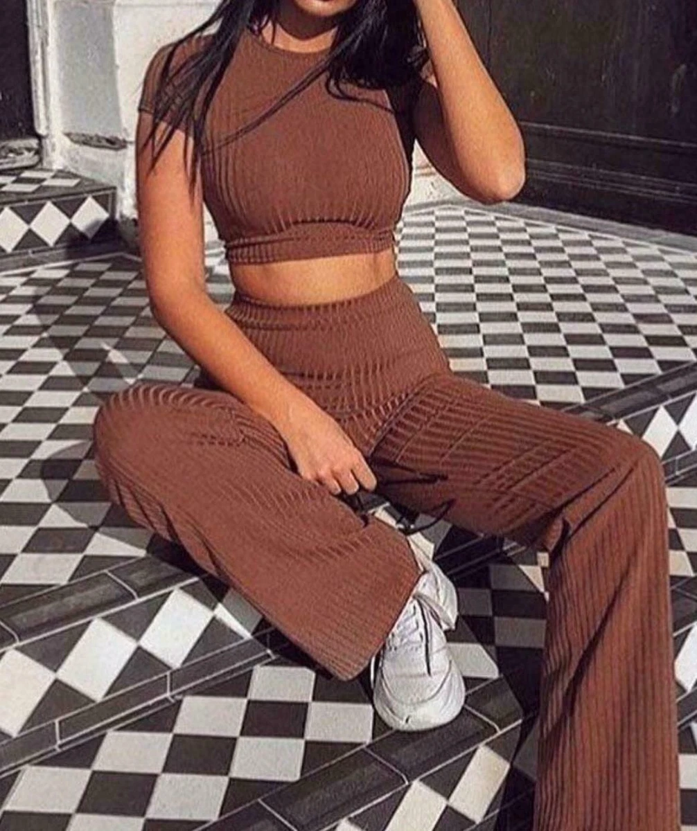 Women Two Piece Set Ribbed Neck Crop Top Long Pants Short Sleeve Tracksuit