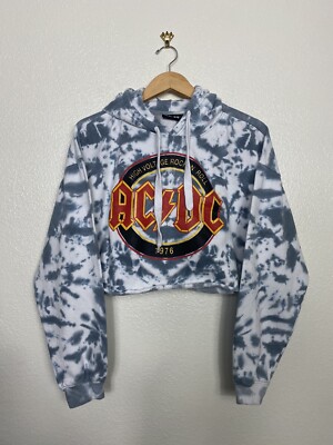 AC/DC Sweatshirt Womens XL Tie Dye Gray White Hoodie Cropped Rocker ...