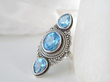 Vintage Sterling Silver 925 Natural Blue Topaz Huge Knuckle Ring Size 7
