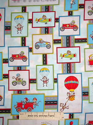 Race Car Hot Air Balloon Fabric By Yard Cotton by Henry Glass Monkey Around