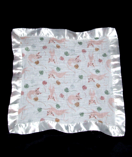 Lulujo Kitty Katze Garn weiß rosa Musselin Baby Decke Satin Borte Sicherheit 16x17"