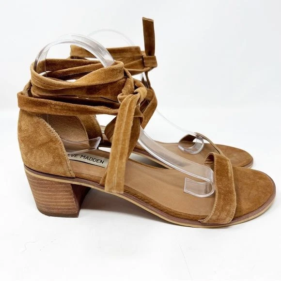 STEVE MADDEN RIZZAA BROWN SUEDE ANKLE STRAP STACKED HEEL SANDALS