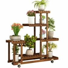 5-Tier Rolling Flower Rack Wood Plant Stand Casters 10 Pots Bonsai Display Shelf