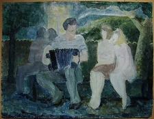 Ukrainian Soviet Oil Painting Postimpressionism bayan song girl evening 