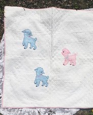 VINTGE PINK AND BLUE LAMB BABY QUILT APPLIQUE LAMBS 41 BY 40.5 INCHES