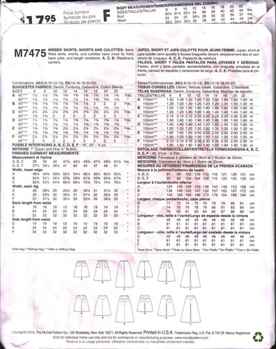 7475 Vintage McCalls Patrón de Costura Misses Falda Culottes Pantalones Cortos 6 - 14 Fuera de Uso Coser - Imagen 2 de 2