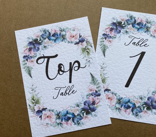 Navy blue flowers, Blush pink roses wreath TABLE NUMBERS cards greenery wedding - Picture 3 of 12