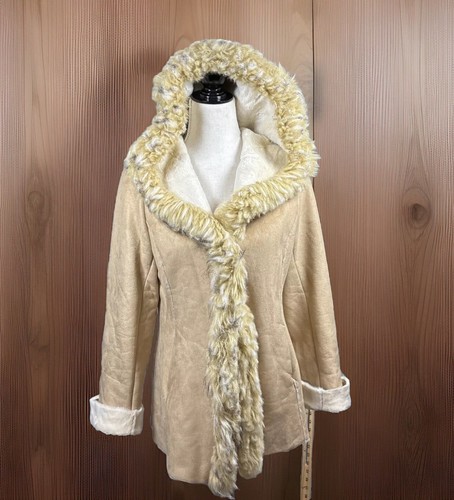 Orvis Coat S/M Faux Suede Fur Hooded Penny Lane Afghan Jacket Tan Soft Boho Chic