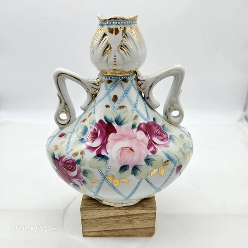 Antique Nippon Koda Hand Painted Vase Pink Roses Gold