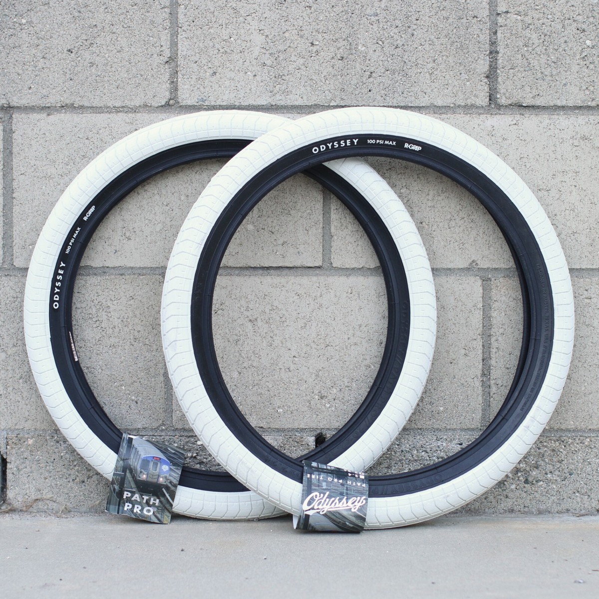 PAIR OF ODYSSEY BMX PATH PRO TIRES WHITE w/ BLACK SIDEWALLS