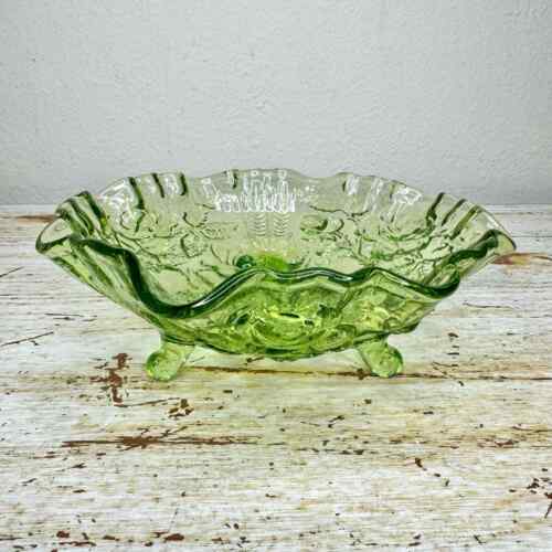 Bol en verre impérial vintage plat bonbon à fleurs vert 3 pieds - Photo 1/9