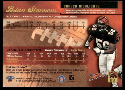 Brian Simmons 1999 Ultra #89 Cincinnati Bengals UNC - Picture 2 of 2