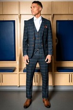 Blue Plaid Men Tweed Suits Herringbone Vintage Retro Groom Tuxedo Wedding Suits