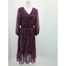 Talbots Paisley Chiffon Dress Burgundy Blue Sheer Sleeve Lined Size 8 Midi