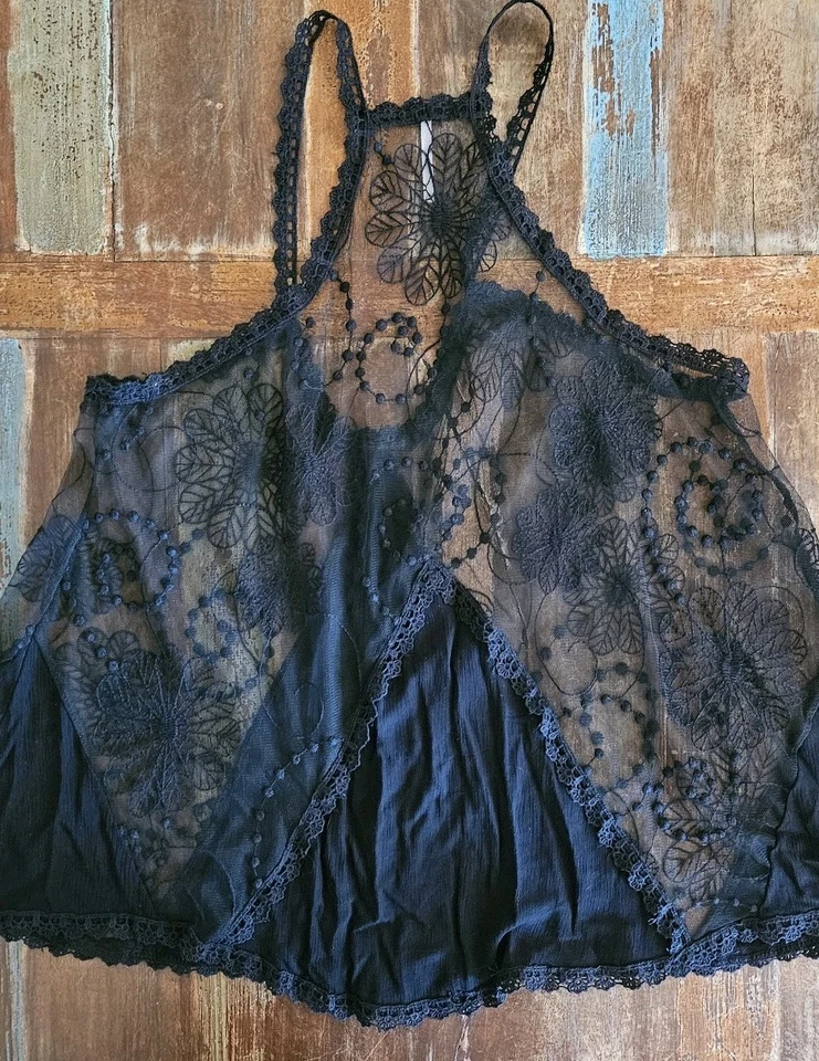 Camiseta sin mangas Poof negra de encaje transparente aline halter boho festival gitana talla grande ¡SEXY! Foto 3 de 4