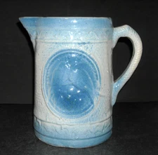 EXC. Blue & White "Lovebird" Pitcher Stoneware Salt Glaze  Pottery