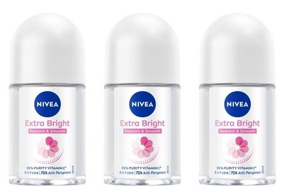 3 x NIVEA Extra Bright Roll On Radiant Smooth 8in1 Care 72h Anti Perspirant 25ml