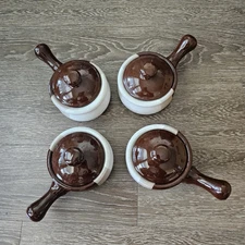 French Onion Soup Bowl Stoneware Set Of Four Crock Handle & Lid Brown Oven Safe